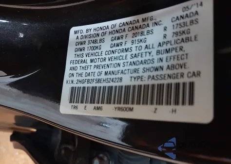 2014 Honda Civic Lx z USA, uszkodzony, nr VIN 2HGFB2F58EH524228